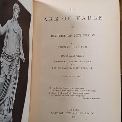 LOT 124: Antique Extendable Book Rack with Books - Bulfinch's 1908 Age of Fable, In Gold and Silver 1892 & More