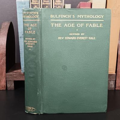 LOT 124: Antique Extendable Book Rack with Books - Bulfinch's 1908 Age of Fable, In Gold and Silver 1892 & More