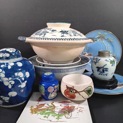 LOT 125: Large Earthenware Lidded Serving Dish, Morimura-Style Enameled Plates, Small Ginger Jars & More