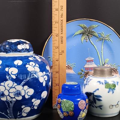 LOT 125: Large Earthenware Lidded Serving Dish, Morimura-Style Enameled Plates, Small Ginger Jars & More