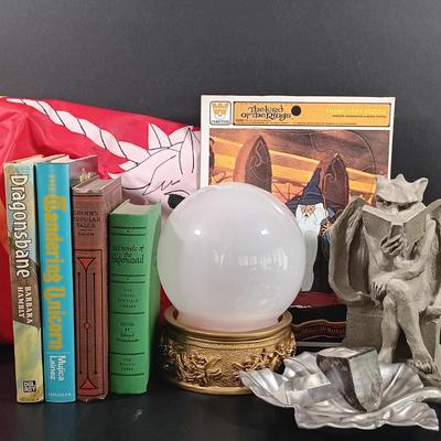 LOT 128: Magic Crystal Ball Kit, 1979 Lord of the Rings Puzzle, Resin Reading Gargoyle & More