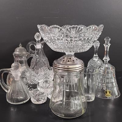 LOT 129: Crystal Collection - Antique Sugar Shaker, Fan Pattern Compote, Syrup Pitcher & More