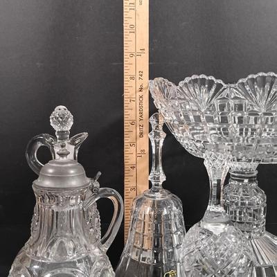 LOT 129: Crystal Collection - Antique Sugar Shaker, Fan Pattern Compote, Syrup Pitcher & More