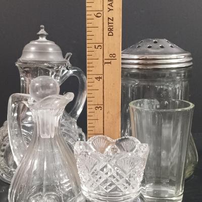 LOT 129: Crystal Collection - Antique Sugar Shaker, Fan Pattern Compote, Syrup Pitcher & More
