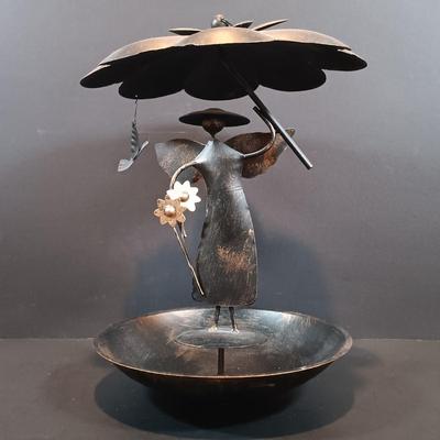LOT 130: Terra Cotta Dragon Planter, Metal Garden Angel Bird Feeder, Copper Watering Can & More