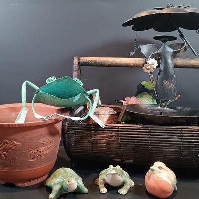 LOT 130: Terra Cotta Dragon Planter, Metal Garden Angel Bird Feeder, Copper Watering Can & More