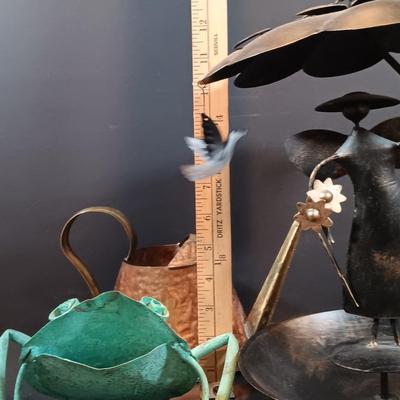 LOT 130: Terra Cotta Dragon Planter, Metal Garden Angel Bird Feeder, Copper Watering Can & More
