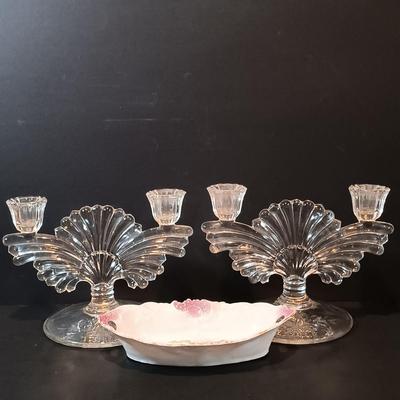 LOT 133: Ronson Butane Candlesticks, West Virginia Glass Candy Dish, Silverplated Swan Butter Pat Dishes, Milk Glass Vase & More