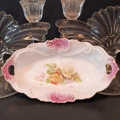 LOT 133: Ronson Butane Candlesticks, West Virginia Glass Candy Dish, Silverplated Swan Butter Pat Dishes, Milk Glass Vase & More