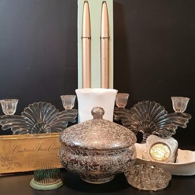 LOT 133: Ronson Butane Candlesticks, West Virginia Glass Candy Dish, Silverplated Swan Butter Pat Dishes, Milk Glass Vase & More