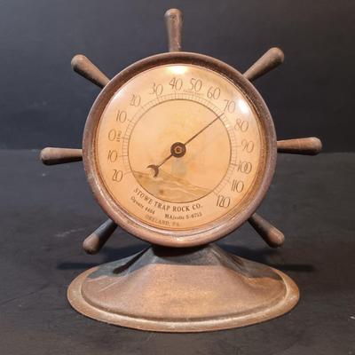LOT 134: Brass Collection- Stowe Trap Rock Co. Nautical Thermometer, Vase, Candlestick Holders & More