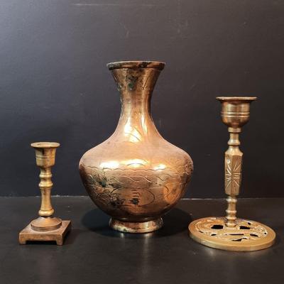 LOT 134: Brass Collection- Stowe Trap Rock Co. Nautical Thermometer, Vase, Candlestick Holders & More