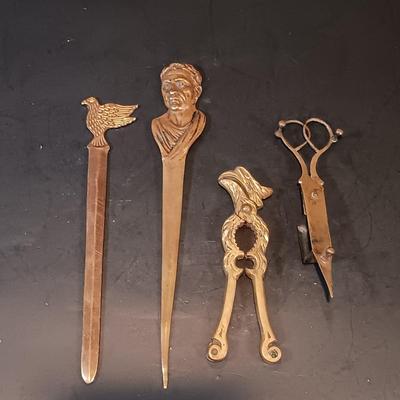 LOT 134: Brass Collection- Stowe Trap Rock Co. Nautical Thermometer, Vase, Candlestick Holders & More