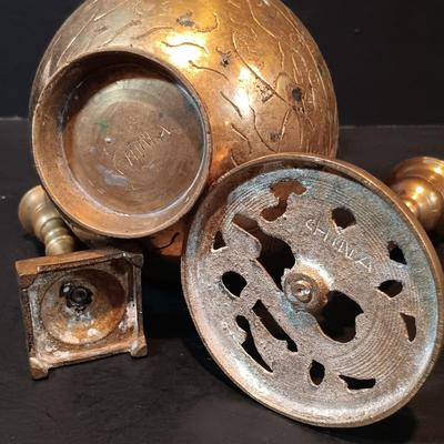 LOT 134: Brass Collection- Stowe Trap Rock Co. Nautical Thermometer, Vase, Candlestick Holders & More