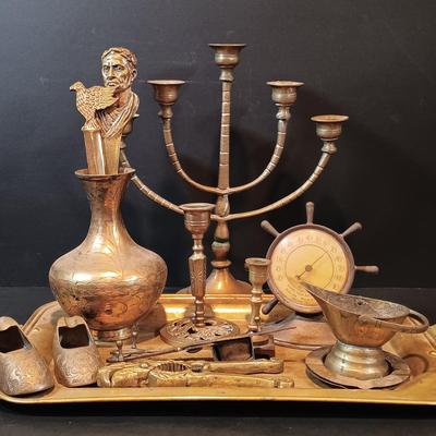 LOT 134: Brass Collection- Stowe Trap Rock Co. Nautical Thermometer, Vase, Candlestick Holders & More