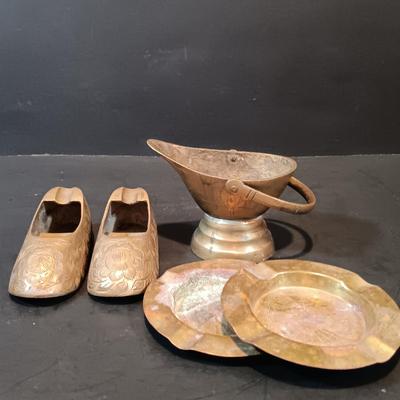 LOT 134: Brass Collection- Stowe Trap Rock Co. Nautical Thermometer, Vase, Candlestick Holders & More