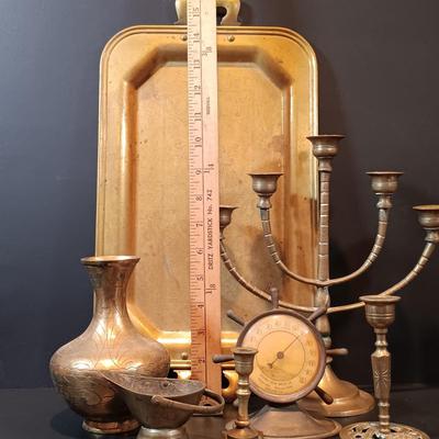 LOT 134: Brass Collection- Stowe Trap Rock Co. Nautical Thermometer, Vase, Candlestick Holders & More