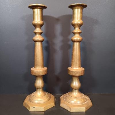 LOT 135: Brass Candlestick Holders with Crystal Vase and Water Goblets