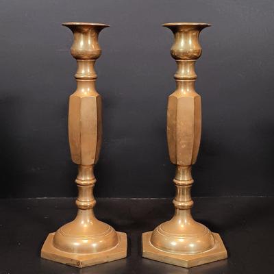 LOT 135: Brass Candlestick Holders with Crystal Vase and Water Goblets