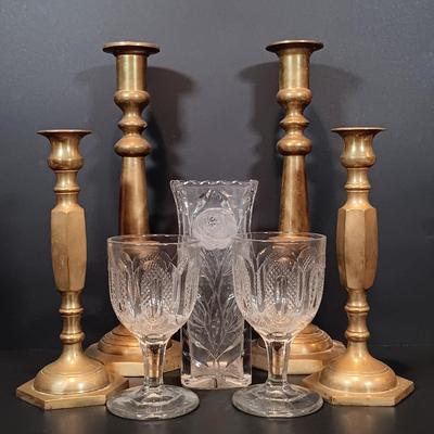 LOT 135: Brass Candlestick Holders with Crystal Vase and Water Goblets