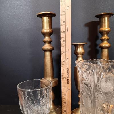 LOT 135: Brass Candlestick Holders with Crystal Vase and Water Goblets