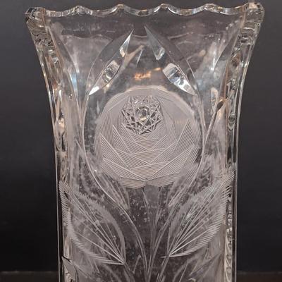LOT 135: Brass Candlestick Holders with Crystal Vase and Water Goblets