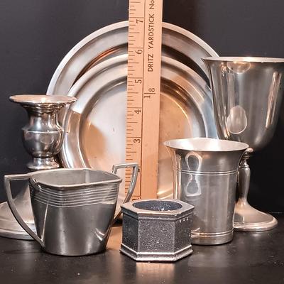LOT 210: Pewter - Napkin Rings, Plates, Creamer, Sugar Bowl & More