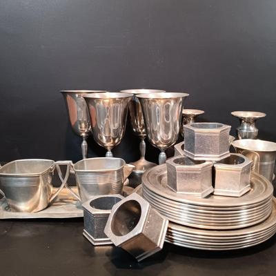 LOT 210: Pewter - Napkin Rings, Plates, Creamer, Sugar Bowl & More