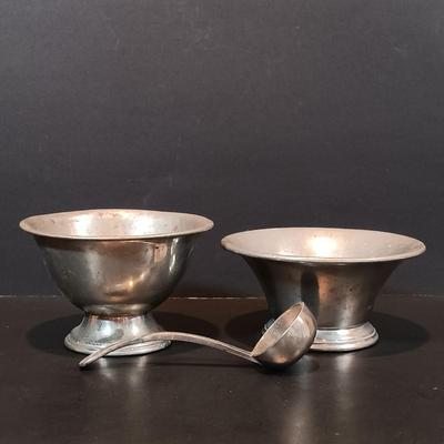 LOT 211: Silverplated Candlestick Holders with Pewter Mugs, Ice Cream Bowls & More