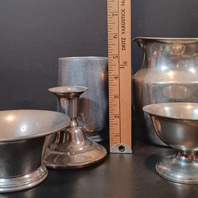 LOT 211: Silverplated Candlestick Holders with Pewter Mugs, Ice Cream Bowls & More
