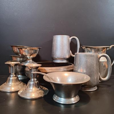 LOT 211: Silverplated Candlestick Holders with Pewter Mugs, Ice Cream Bowls & More