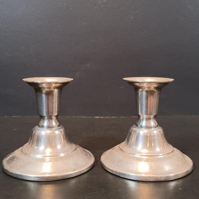 LOT 211: Silverplated Candlestick Holders with Pewter Mugs, Ice Cream Bowls & More
