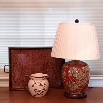 LOT 216: Harry and David Woodland Bird Pitcher, Red Floral Pottery Lamp & Antique Tray with Textile Insert