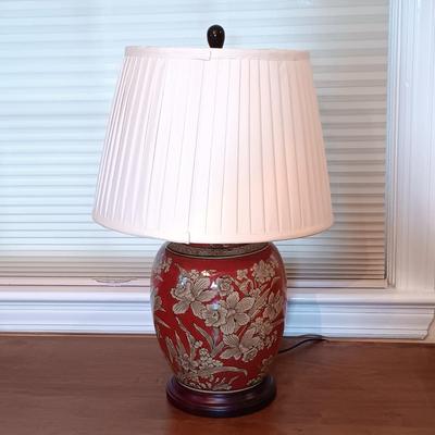 LOT 216: Harry and David Woodland Bird Pitcher, Red Floral Pottery Lamp & Antique Tray with Textile Insert