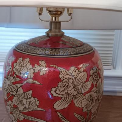 LOT 216: Harry and David Woodland Bird Pitcher, Red Floral Pottery Lamp & Antique Tray with Textile Insert