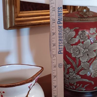 LOT 216: Harry and David Woodland Bird Pitcher, Red Floral Pottery Lamp & Antique Tray with Textile Insert