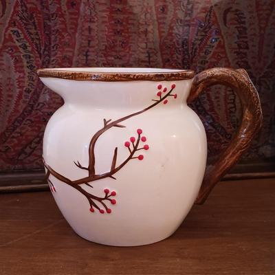 LOT 216: Harry and David Woodland Bird Pitcher, Red Floral Pottery Lamp & Antique Tray with Textile Insert
