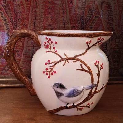LOT 216: Harry and David Woodland Bird Pitcher, Red Floral Pottery Lamp & Antique Tray with Textile Insert