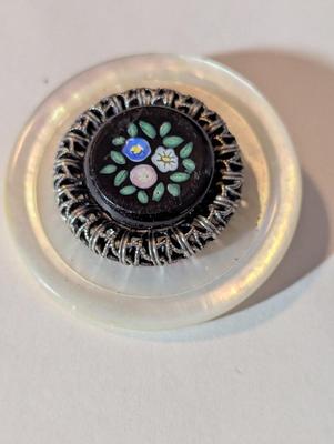 Victorian Jet Button w/Enamel ca. 1880-1900 Set On Vintage White Pearl 1930's - 1940's #14