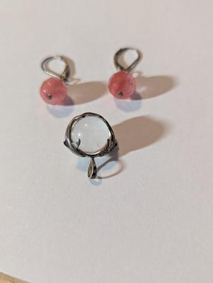 Vintage Drop Earrings Pink Bead Dangle Earrings & Double Dolphin Design Pendant #23
