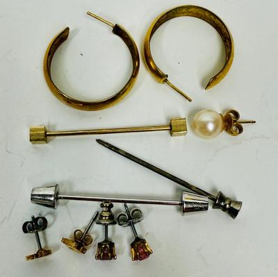 Sale Photo Thumbnail #275: In fair to good used condition. Misc. stud earrings, most not matched, stick pins, and hoop earrings.