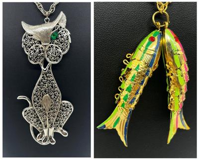 LOT 49: Amazing Statement Necklaces! Articulated Winking Cat on 22' Chain and 2 Articulated Fish on 24" Chain