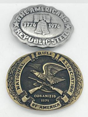 LOT 79: Big and Heavy Vintage Belt Buckles - National Rifle Association and The Americans Republic Steel