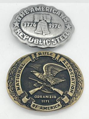 LOT 79: Big and Heavy Vintage Belt Buckles - National Rifle Association and The Americans Republic Steel