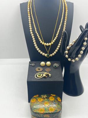 LOT 82: Marvella Simulated Pearl Necklace, Screw Back Pearl Earrings, Bracelet, Pin and More!