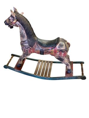 Furniture - Antique Wood Rocking horse w/ glass eyes missing most of the tail