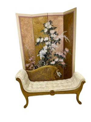 Furniture - Tall Golden Screen and Tufted Vintage Chaise