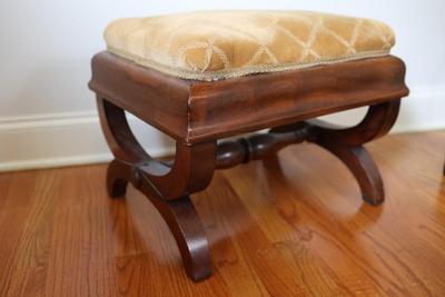 Vintage Upholstered Mahogany Stool with Curved Legs