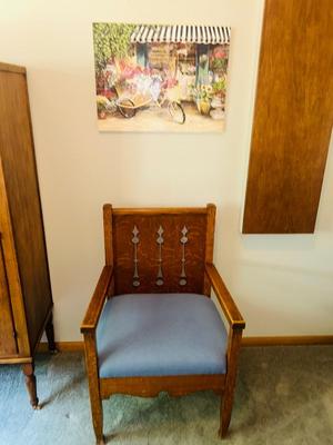 TIGER WOOD CHAIR AND MARY CAY CROWLEY PAINTING