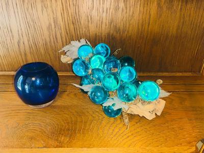 ViINTAGE GLASS GRAPES AND A COBALT BLUE BOWL